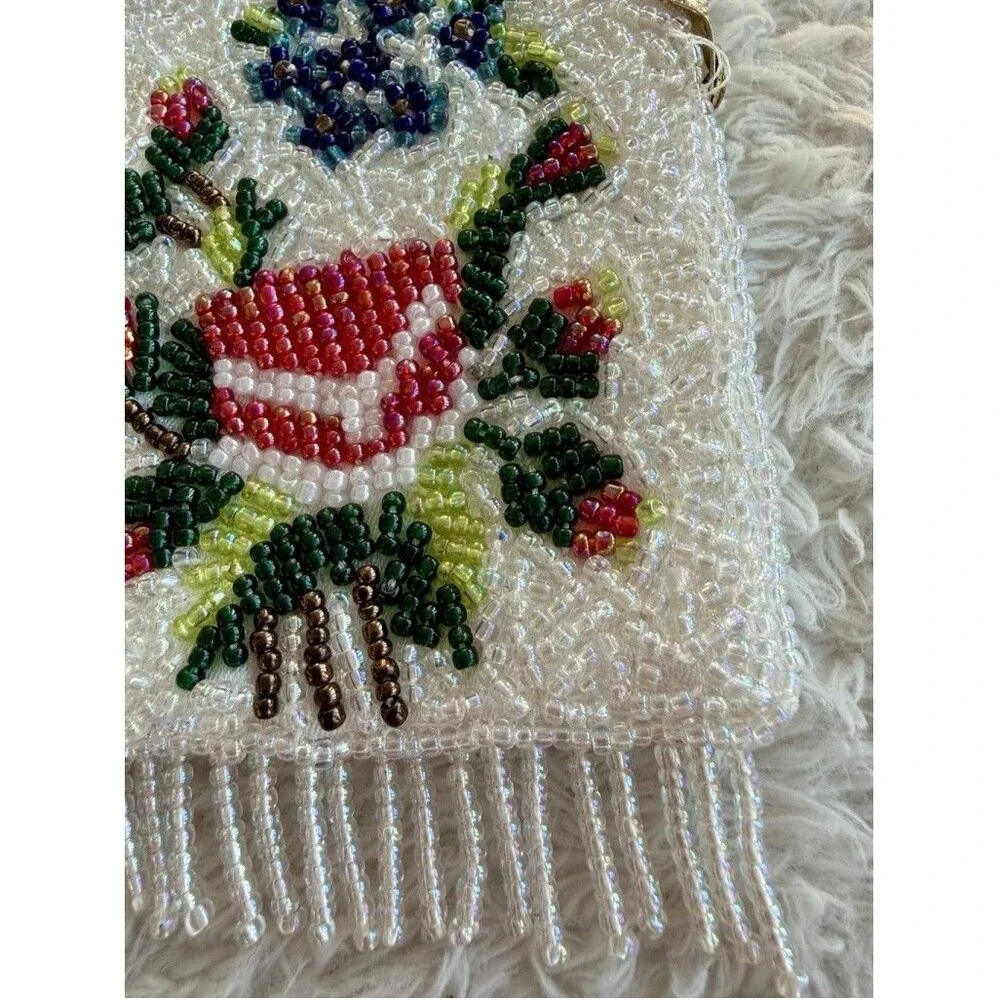 Vintage Floral Hand Beaded Fringe Chain Strap Tiny Seed Evening Purse Flapper